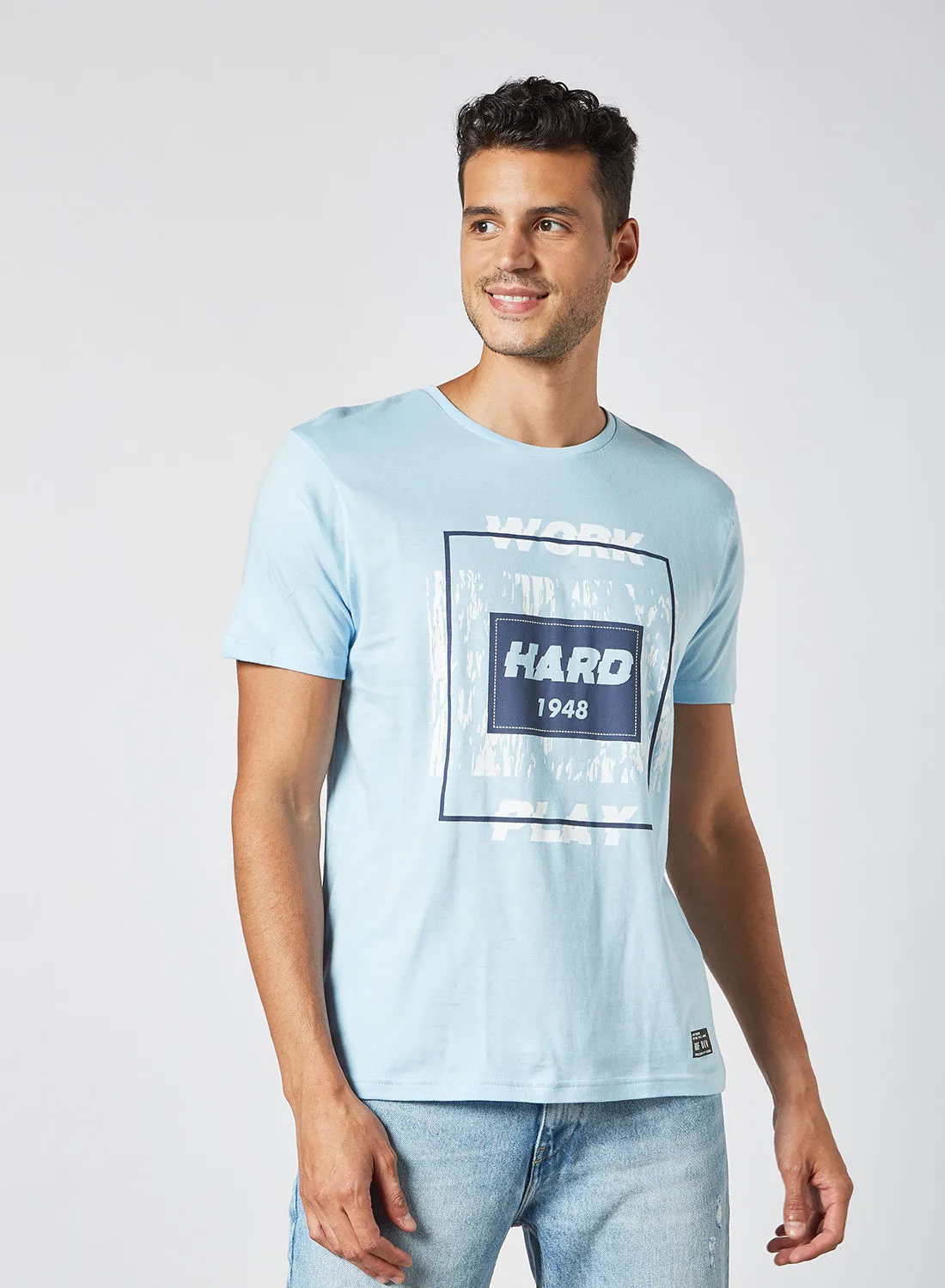 ABOF Work Hard Play Printed Regular Fit Crew Neck T-Shirt Very Light Blue