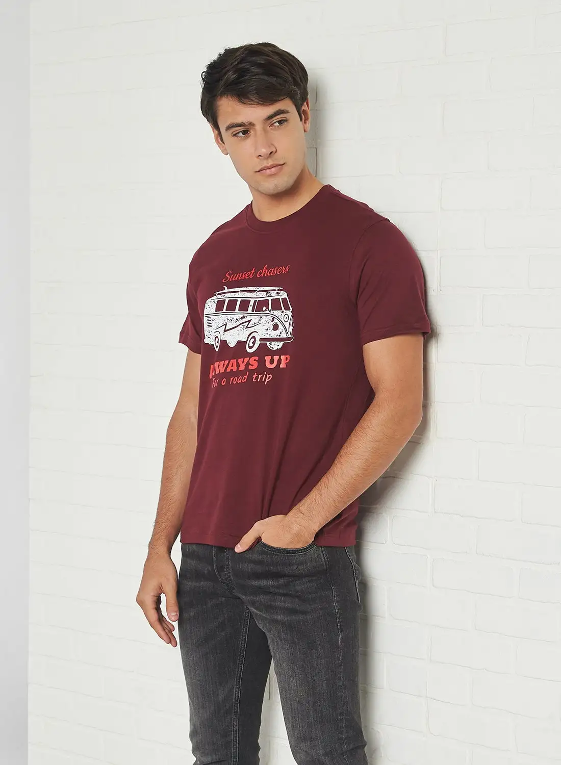 QUWA Printed Short Sleeves T-Shirt Burgundy Red