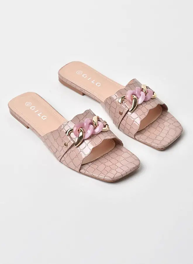 Aila Animal Pattern Chain Detail Strap Flat Sandals Pink