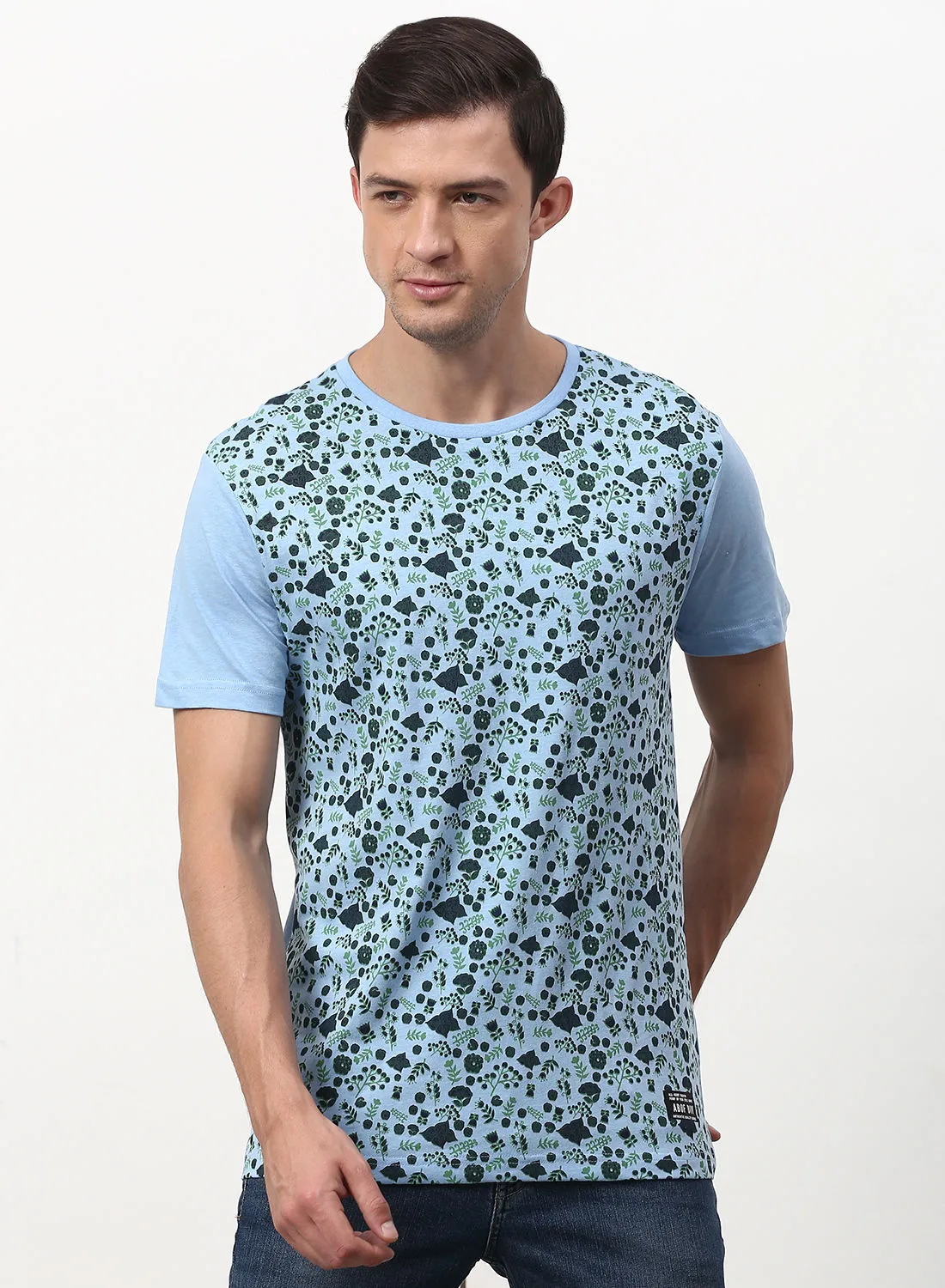 ABOF Floral Printed Regular Fit Crew Neck T-Shirt Blue/Black