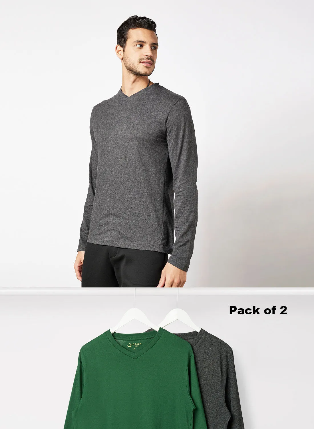 Noon East Pack Of 2 Men's Basic V-Neck Cotton Biowashed Fabric Comfort Fit Stylish Design T-Shirt Charcoal Melange/Dark Green