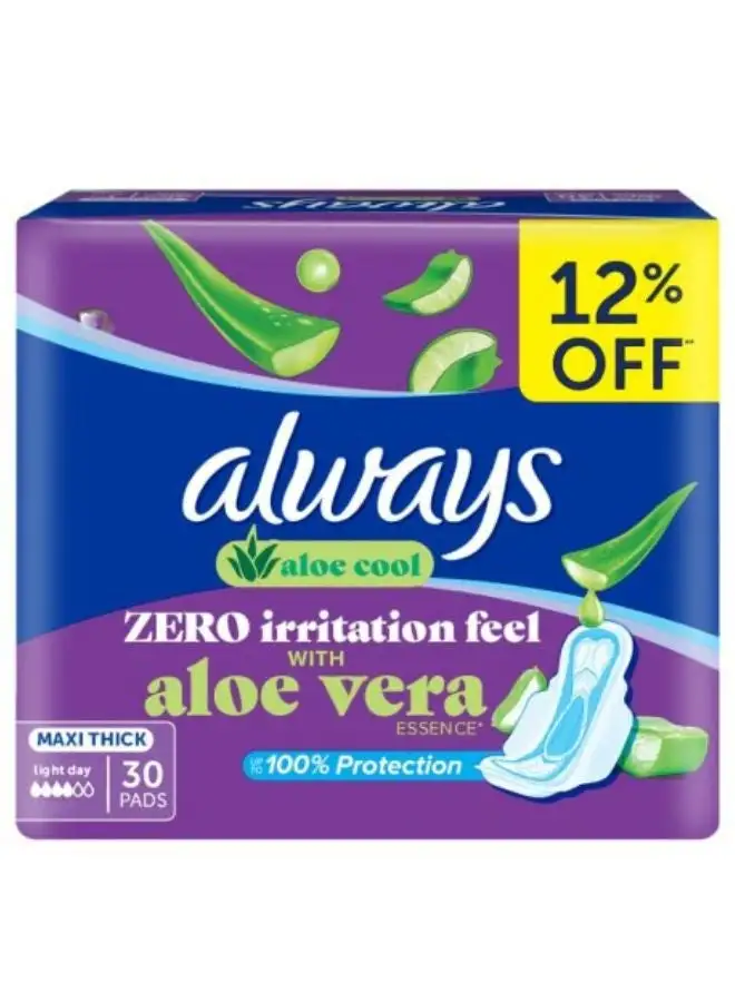 Always Aloe Cool Long Maxi Thick Pads For Light Days 30 Count