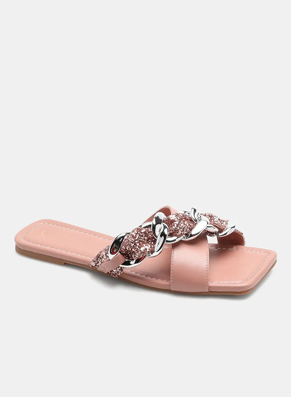 Aila Criss-Cross Chain Detail Strap Flat Sandals Pink/Silver