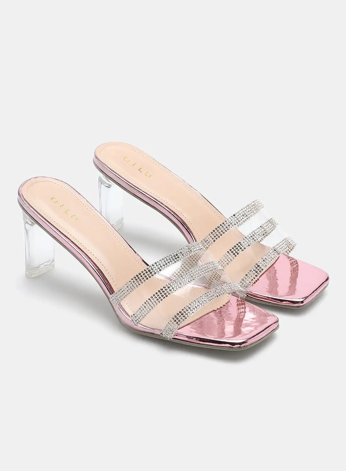 Aila Stone Embellished Strap Heeled Sandals Pink Metallic/Silver