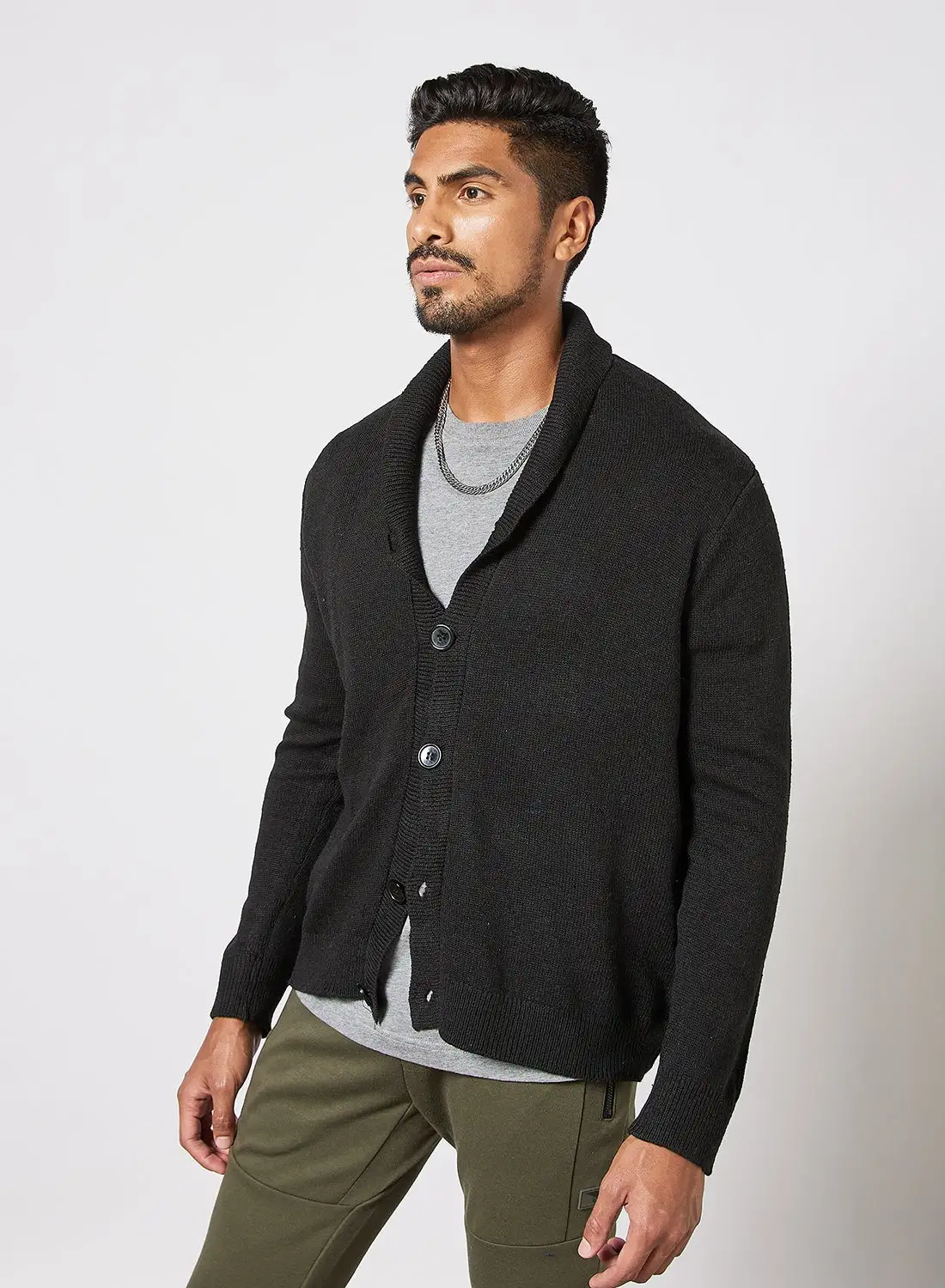 Noon East Men's Knitted Solid Button Detailed Wide Collar Full Sleeves Cardigans For Winters Black