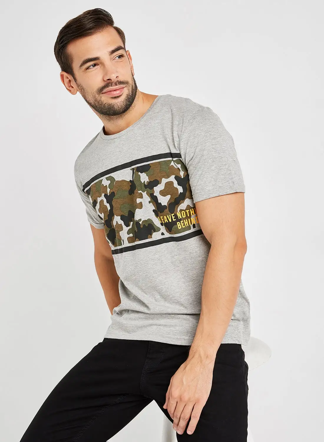 ABOF Camo Panelled T-Shirt Light Grey Melange