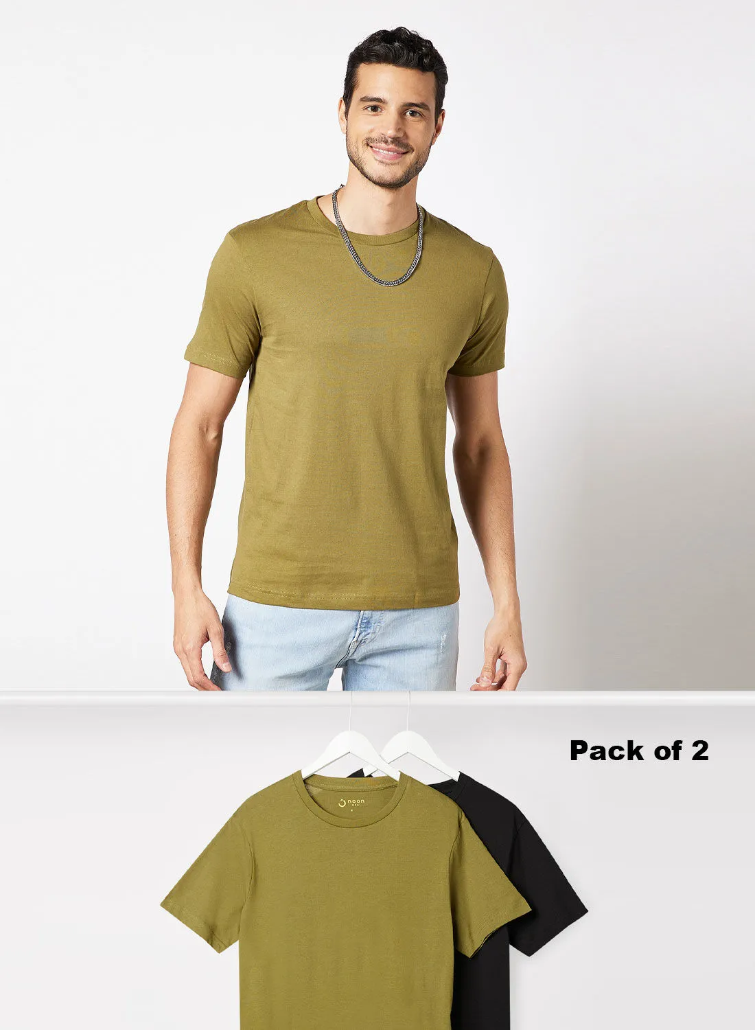 Noon East Pack Of 2 Men's Basic Cotton Biowashed Fabric Crew Neck Comfort Fit Stylish Design T-Shirt Black/Olive