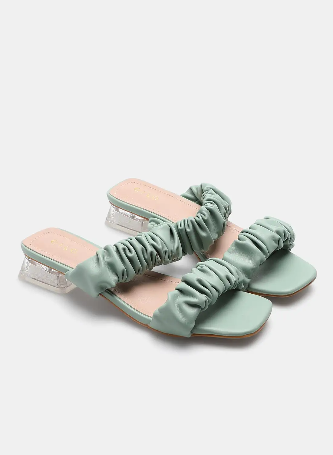 Aila Ruched Double Strap Heeled Sandals Cool Mint