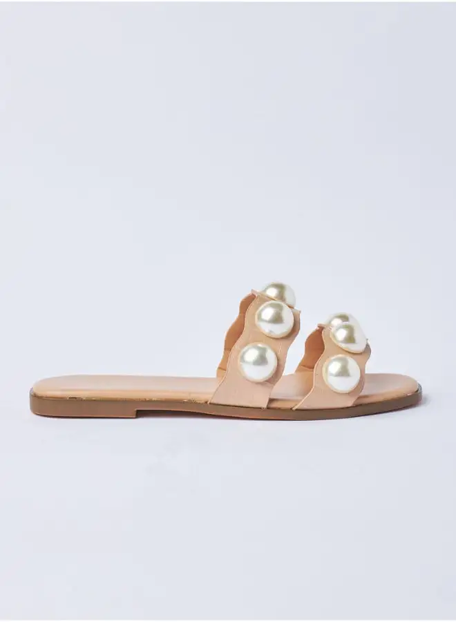 Aila Imitation Pearls Strapped Slip-On Flat Sandals Beige