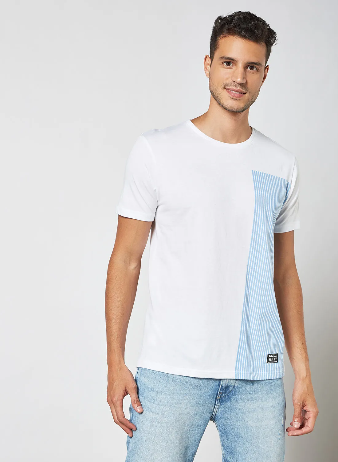 ABOF Regular Fit Crew Neck Stripe T-Shirt White Cotton