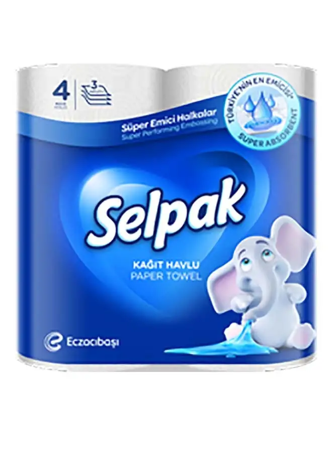 Selpak Super Absorbent Kitchen Paper Towel 80 Sheets x 3Ply, Pack of 4 Rolls