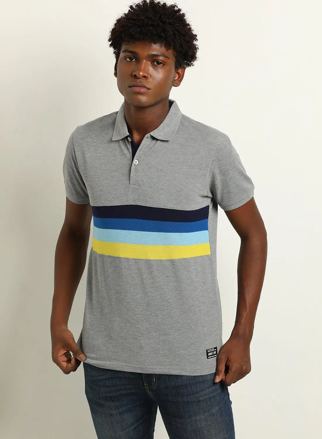 ABOF Stripes Regular Fit Collared Neck Polo Light Grey