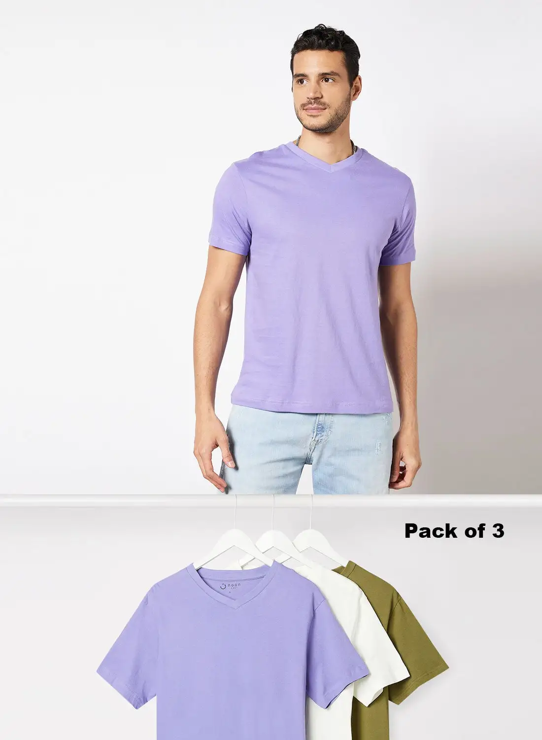 Noon East 3 Pack Basic V-Neck T-Shirt Olive/Purple/Vaparous Grey