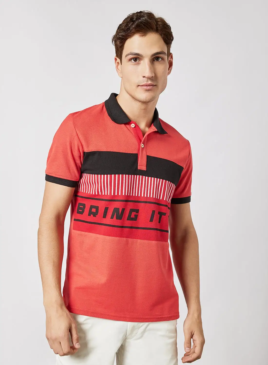 ABOF Colourblock Pattern Casual Slim Fit Polo Red/Black