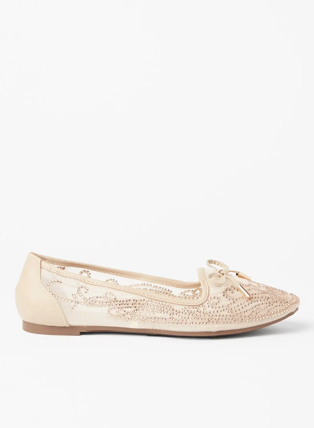 Cobblerz Bow Detailed Embellished Ballerina Beige