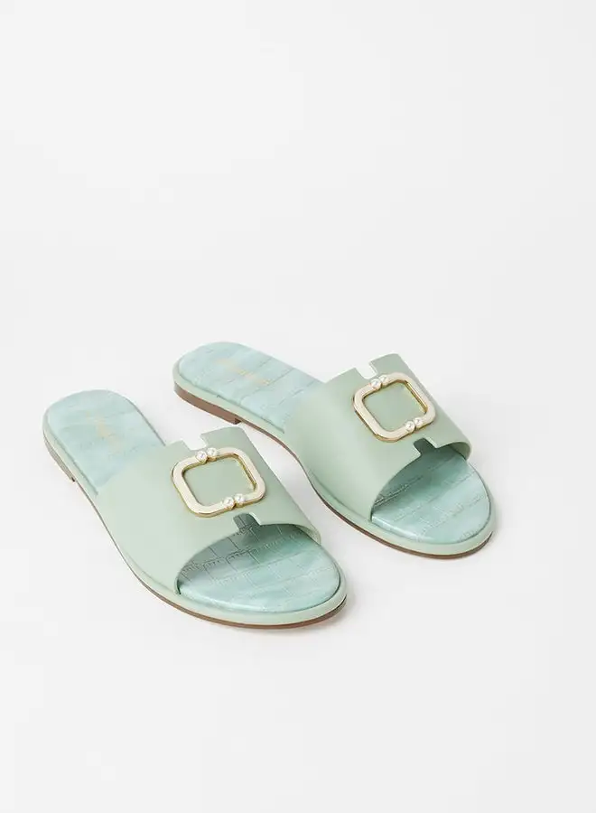 Geoomnii Lisly Metal Letter Flat Sandals Green