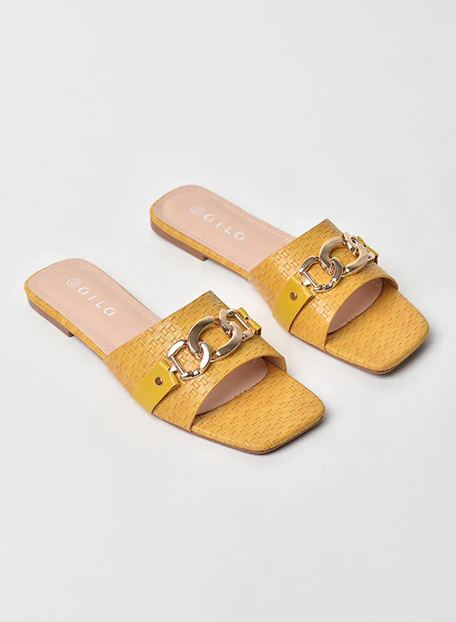 Aila Chain Detail Broad Strap Flat Sandals Mustard Yellow