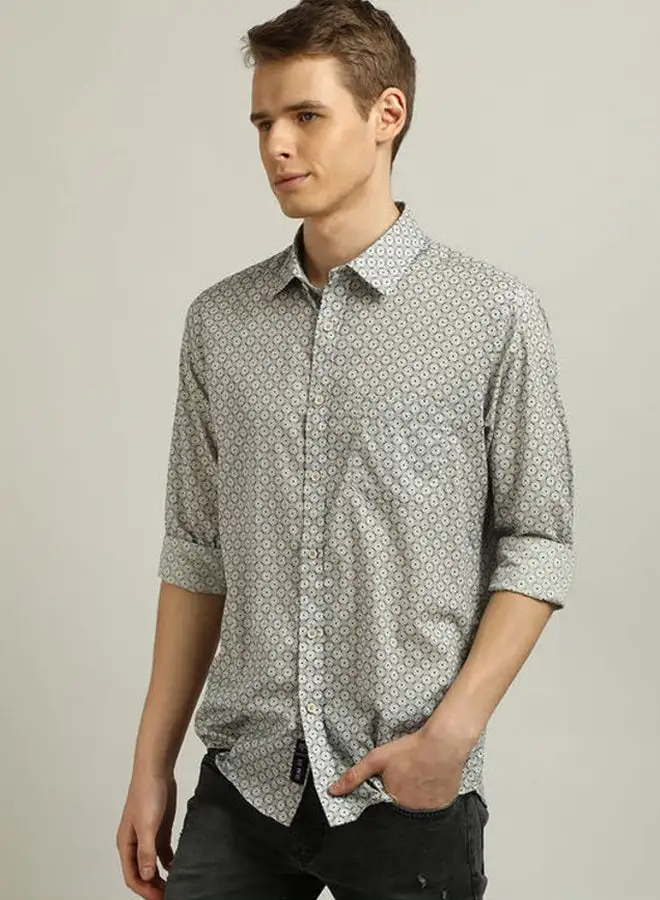 B&C Men's Printed Rolled-Up Sleeves Shirt Grey