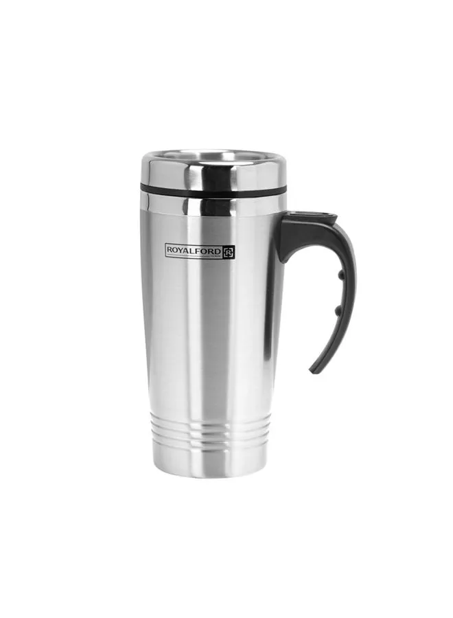 Royalford Eco-friendly Reusable Double Wall Leakproof Coffee Travel Mug With Handle And Compact Lid Silver 470ml