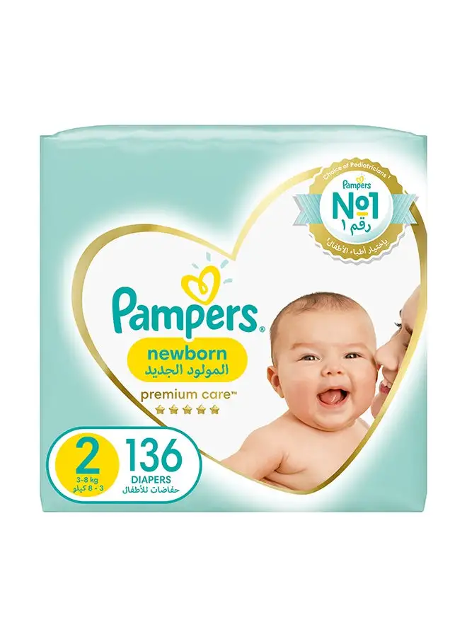 Pampers Premium Care Newborn Taped Diapers, Size 2, 3-8kg,  Softest Absorption for Ultimate Skin Protection, 136 Count