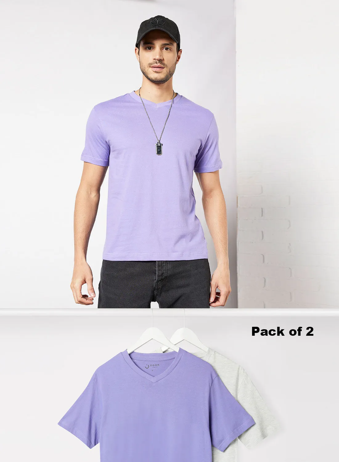 Noon East Pack Of 2 Men's Basic V-Neck Cotton Biowashed Fabric Comfort Fit Stylish Design T-Shirt Purple/Grey Melange