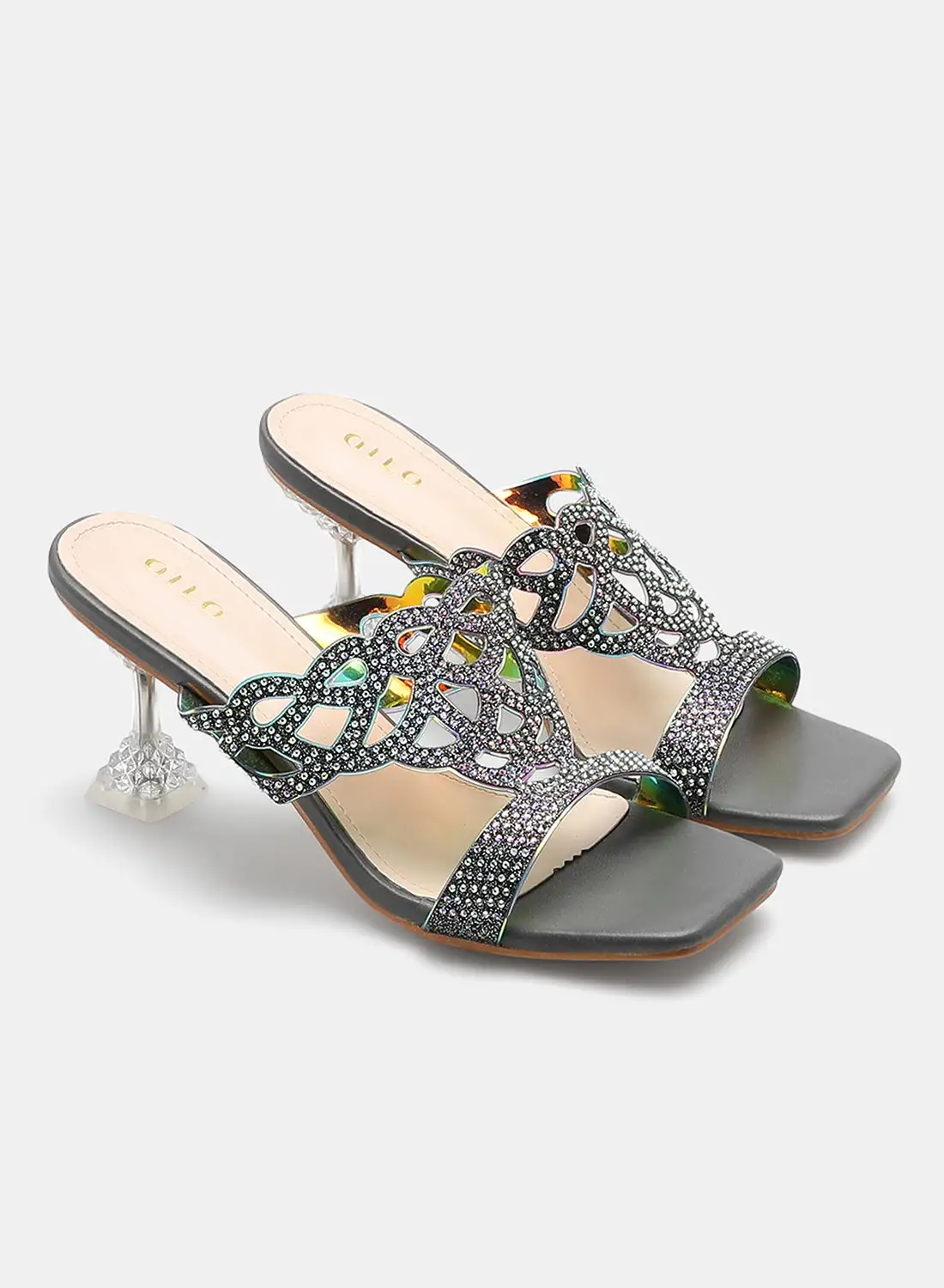 Aila Slip On Heeled Sandals Grey/Clear