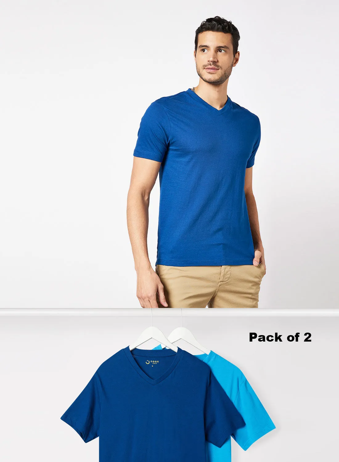 Noon East Pack Of 2 Men's Basic V-Neck Cotton Biowashed Fabric Comfort Fit Stylish Design T-Shirt Navy/Ibiza Blue