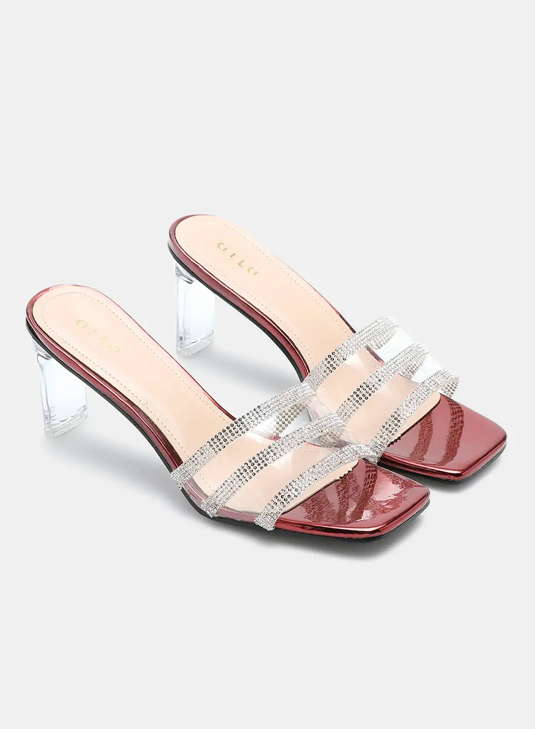 Aila Stone Embellished Strap Heeled Sandals Wine/Silver