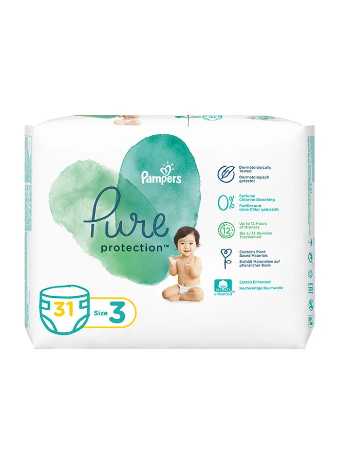 Pampers Pure Protection Diapers, Size 3, 6 - 10 Kg, 31 Count - Dermatologically Tested 