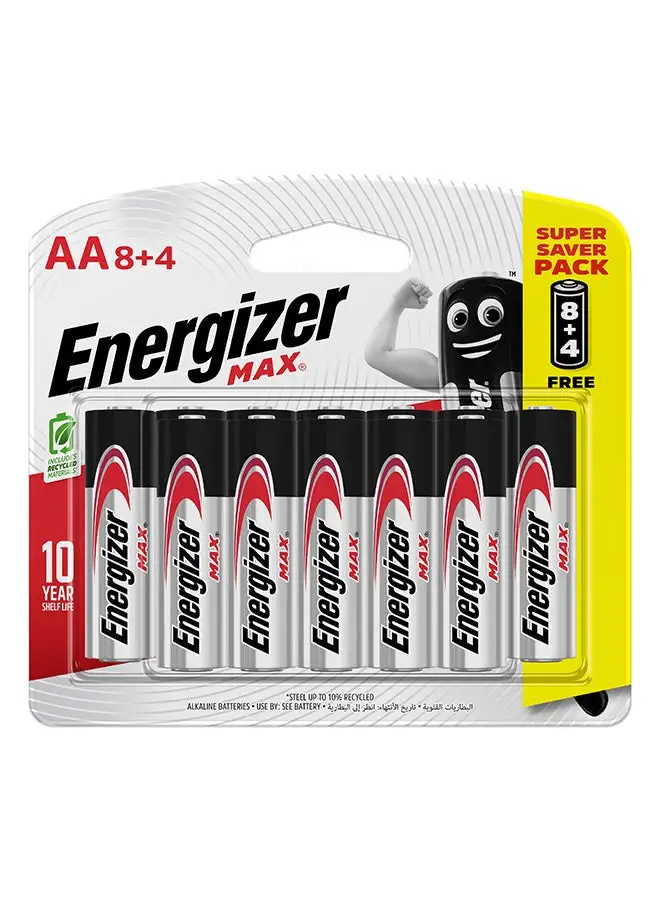 Energizer Energizer Max 1.5V Alkaline batteries - AA Promo Pack Of 8+4 Silver/Black/Red