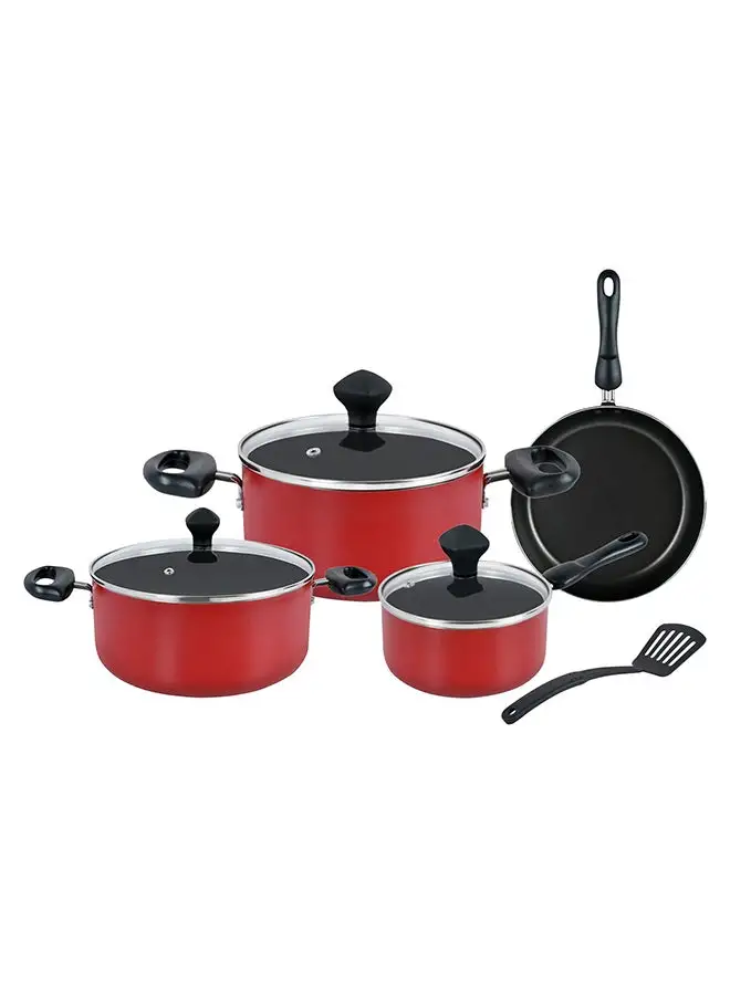 Prestige 8-Piece Value Pack Cooking Set Includes 1xSaucepan With Glass Lid 14cm, 1xCasserole With Glass Lid 18 Cm, 1xCasserole With Glass Lid 24cm, 1xFrypan 24cm, 1xTurner Red/Black