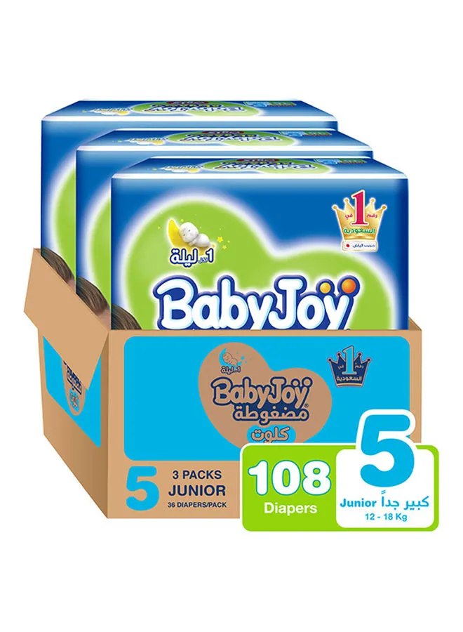 BabyJoy Culotte Pants Diaper, Junior Size 5, 12-18 Kg, 3x36 Jumbo Pack 108 Diapers