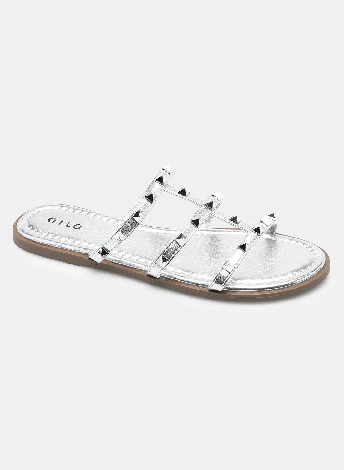 Aila Embellished Strap Flat Sandals Silver