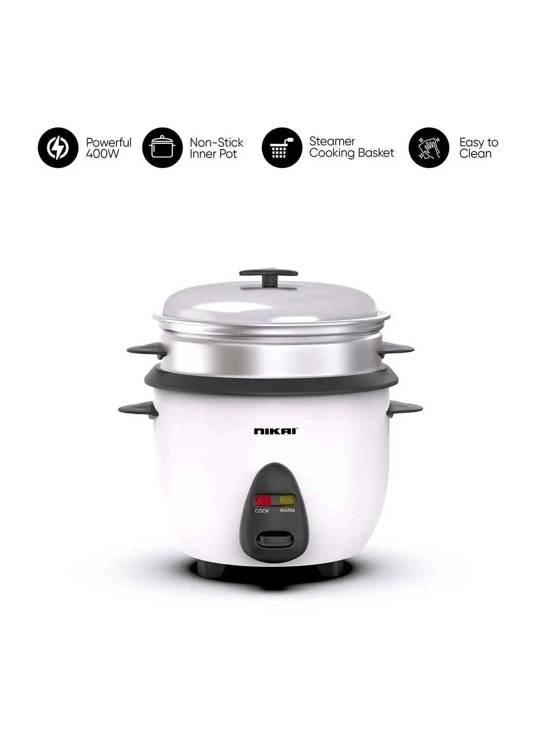 NIKAI 2-In-1 Rice Cooker With Steamer, Non-Stick Convenience Pot And Keep Warm Function For Flawless Meals, Detachable Cord, Cook, Steam, And Keep Warm With Ease And Efficiency 1 L 400 W NR701A White