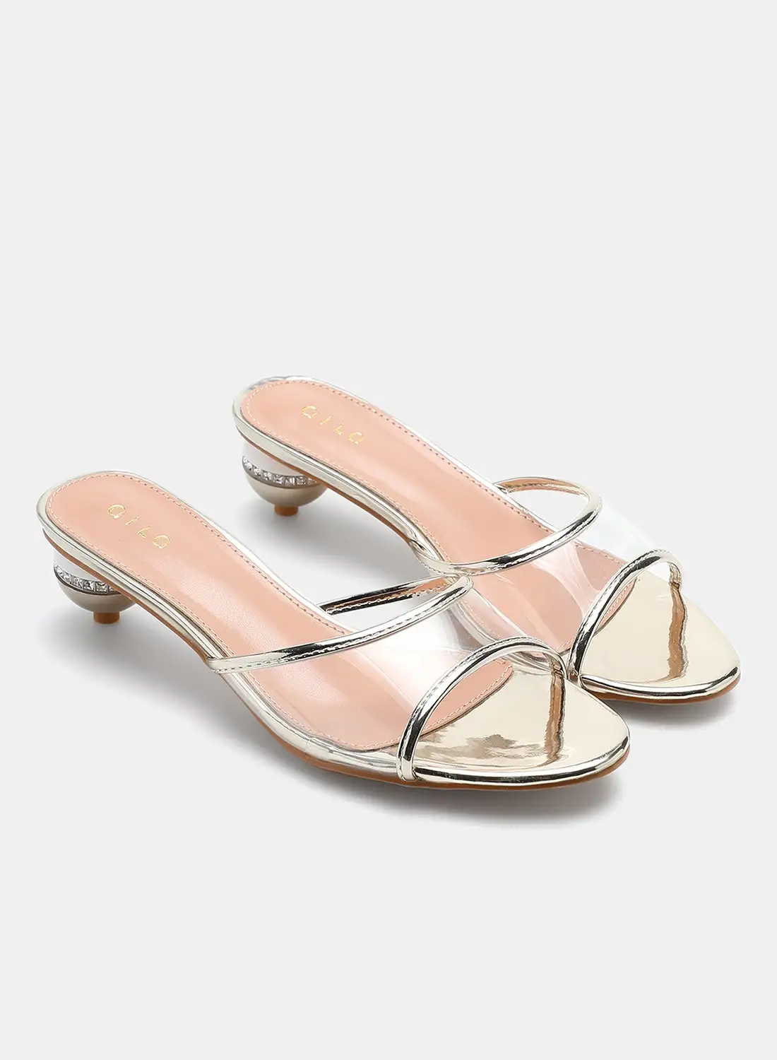 Aila Transparent Broad Strap Heeled Sandals Gold/Clear