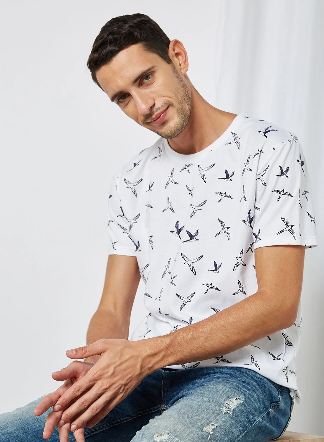 ABOF Bird Print Crew Neck T-Shirt Cotton