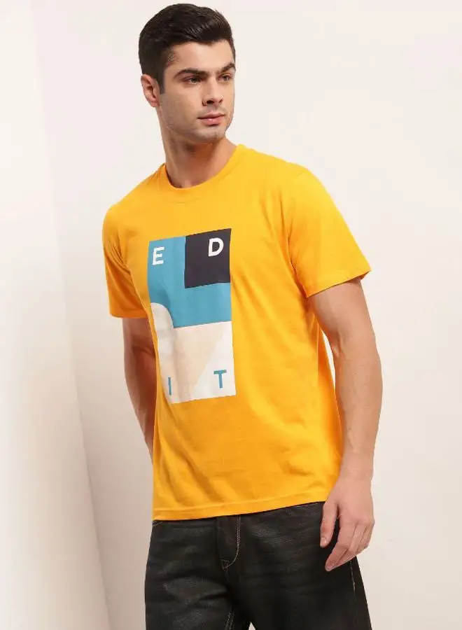 QUWA Graphic Printed Round Neck T-Shirt Mustard