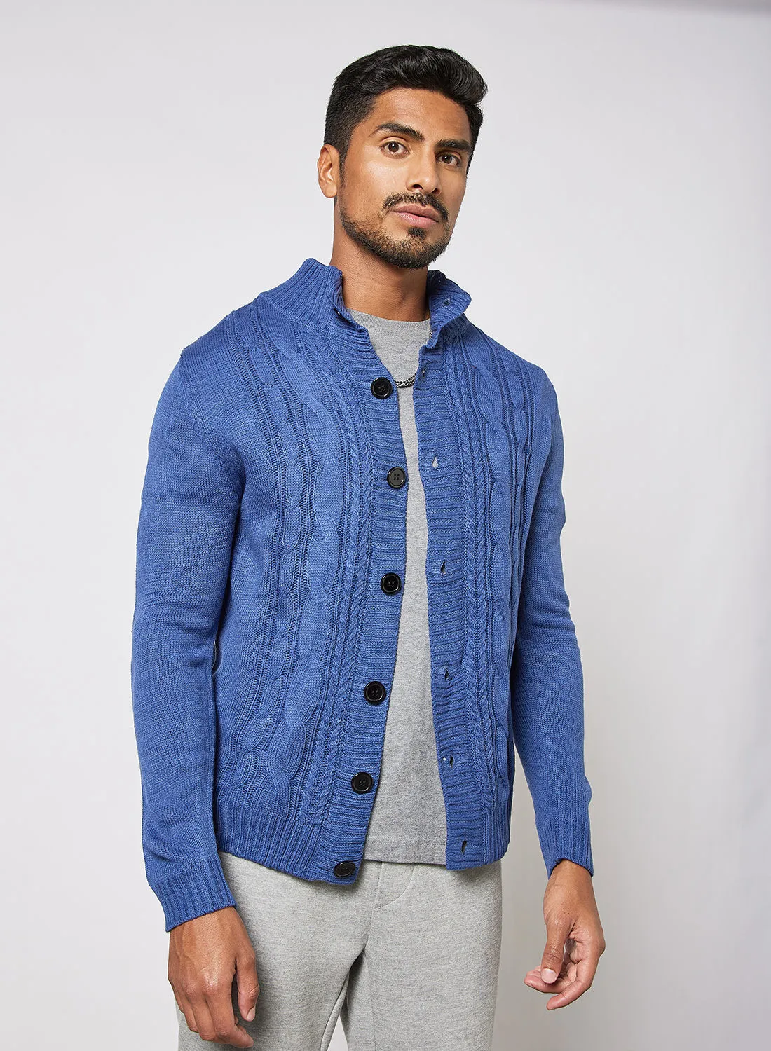 Noon East Men's Knitted Button Detailed Front Open Full Sleeves Collar Cardigans For Winters , Cable Design With 2 Front Pockets Blue