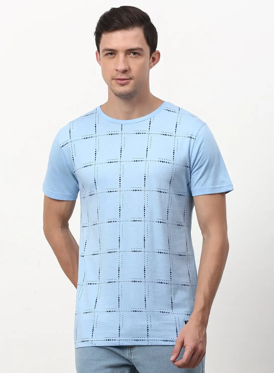 ABOF All Over Printed Regular Fit Crew Neck T-Shirt Sky Blue/Black