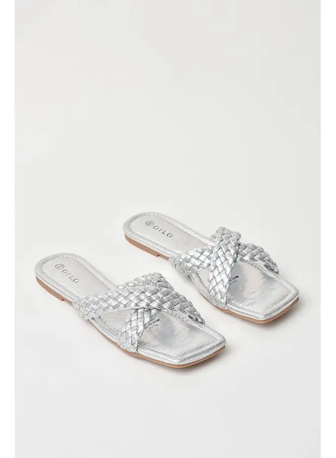 Aila Slip-On Detail Flat Sandals Silver