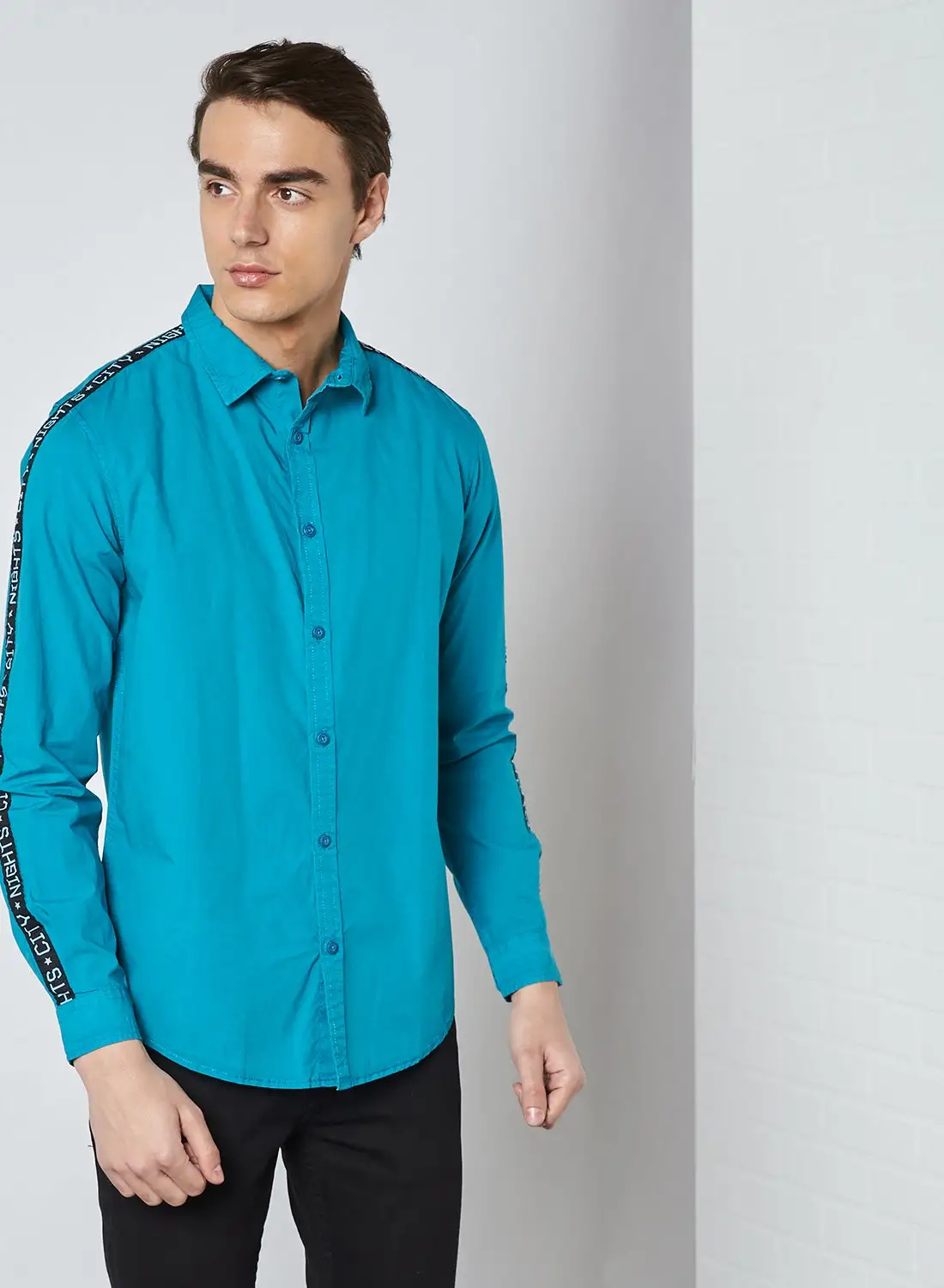 Moda Rapido Men's Tape Detail Slim Fit Shirt Turquoise Blue