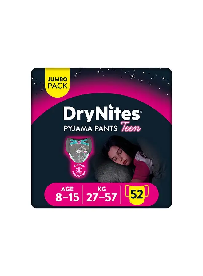 Huggies DryNites Pyjama Pants, 8-15 years, Bed Wetting Diaper, Girls, 27-57 kg, Jumbo Pack, 52 Pants