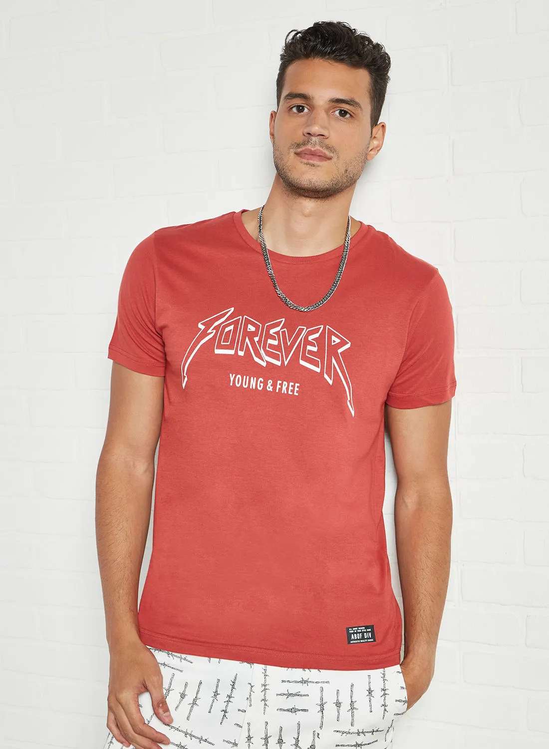 ABOF Forever Print Regular Fit Crew Neck T-Shirt Pompeian Red