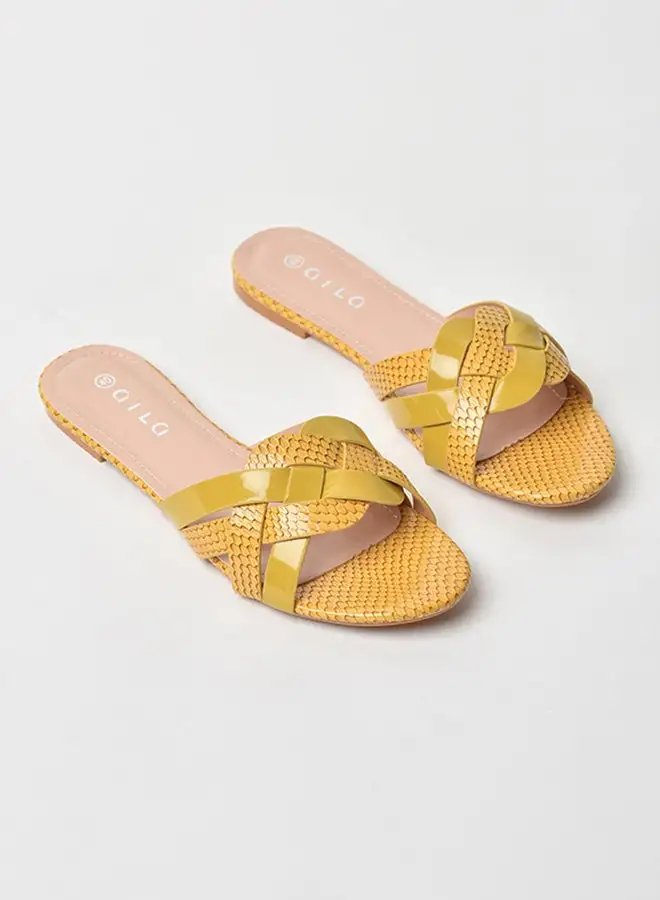 Aila Animal Pattern Cross Over Strap Flat Sandals Mustard Yellow