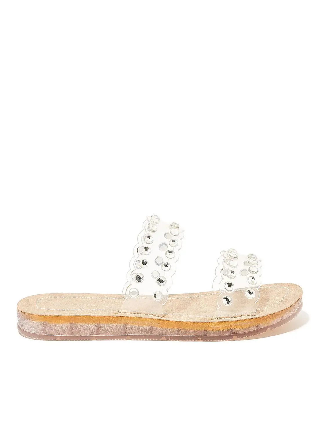 Ronnie Grey Embellished Clear Strap Sandals Beige