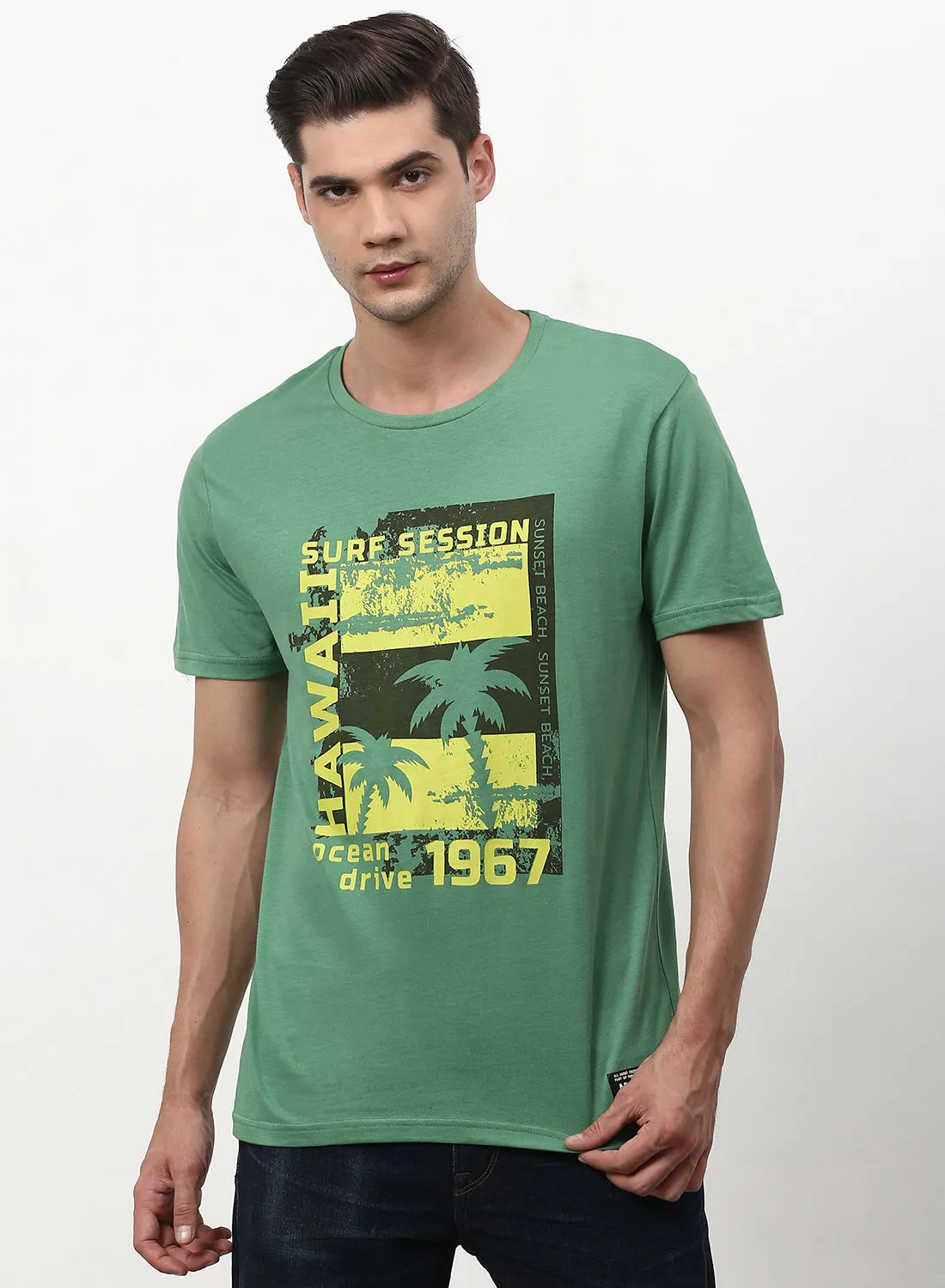 ABOF Graphic Printed Crew Neck Regular Fit T-Shirt Green