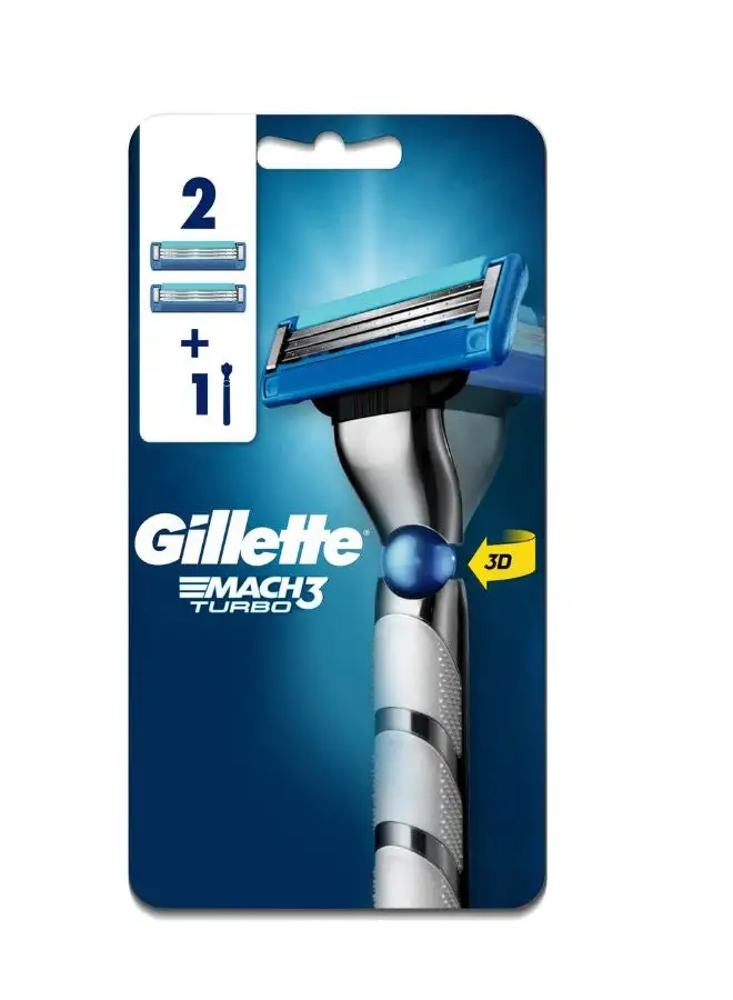 Gillette Mach3 Turbo 3D Razor Handle + 2 Blades Silver/Blue