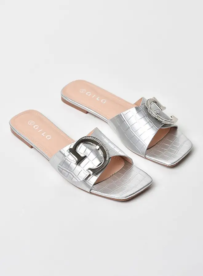 Aila Animal Pattern Broad Strap Flat Sandals Silver