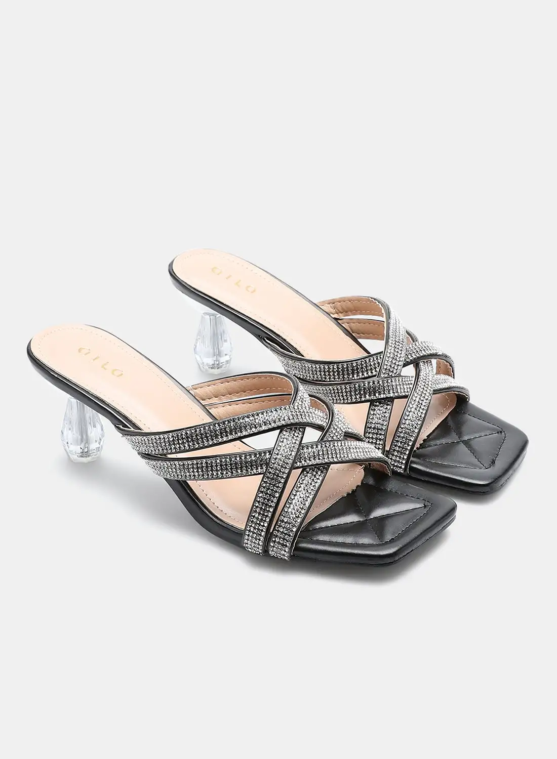 Aila Stone Embellished Strap Heeled Sandals Black/Silver