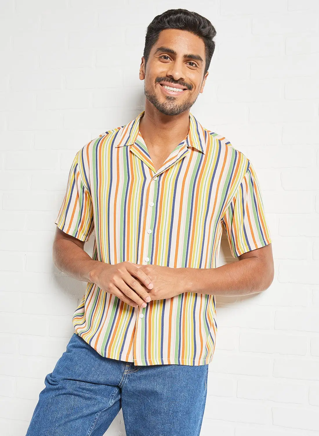 QUWA Bowling Collar Casual Stripes Short Sleeve Shirt Orange/Yellow